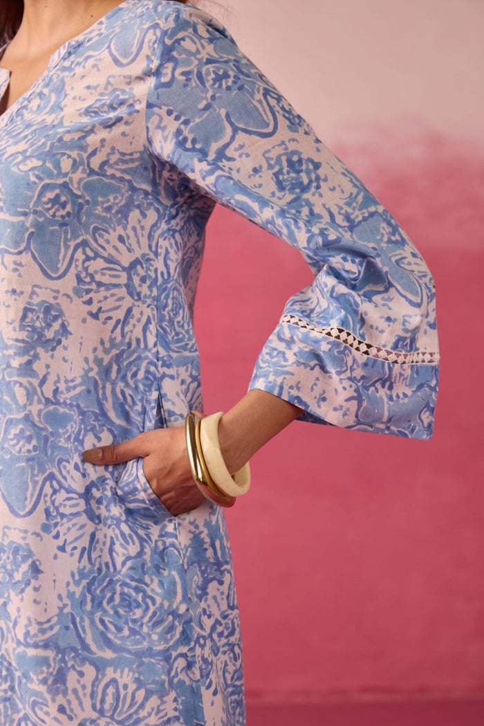 Sky Blue Floral Toile Hand Block Print Kurta & White Farsi Salwar Co - ord Set - Tara - C - Tara
