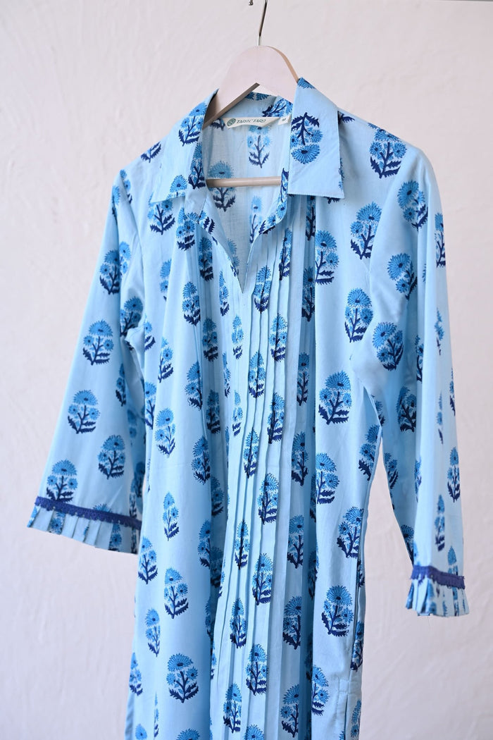 Sky Blue Hand Block Printed Kurta - Tara - C - Tara
