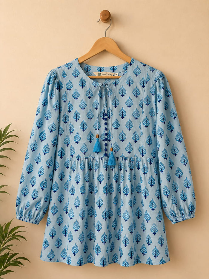 Sky Blue Leaf Booti Block Print Peplum Top - Tara-C-Tara