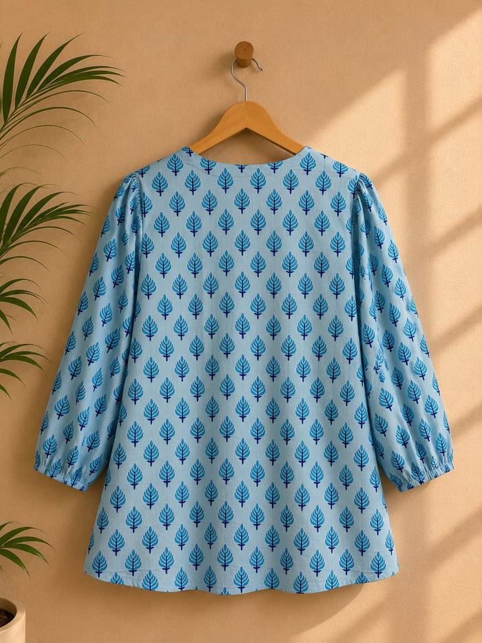 Sky Blue Leaf Booti Block Print Peplum Top - Tara-C-Tara