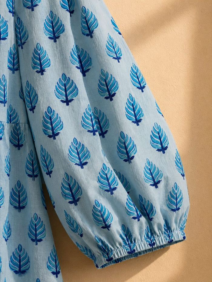 Sky Blue Leaf Booti Block Print Peplum Top - Tara-C-Tara