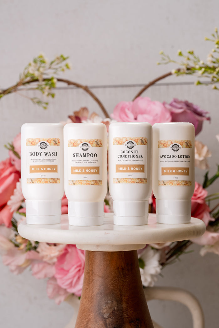 Rustic Strength, Milk & Honey scented Travel Kit, 2oz Plastic with Body Wash, Shampoo, Coconut Condition and Avocado Lotion