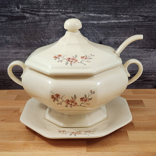 Soup Tureen Set Lid, Ladle & Tray Vintage Floral Ceramic Artisan Signed J. Hov