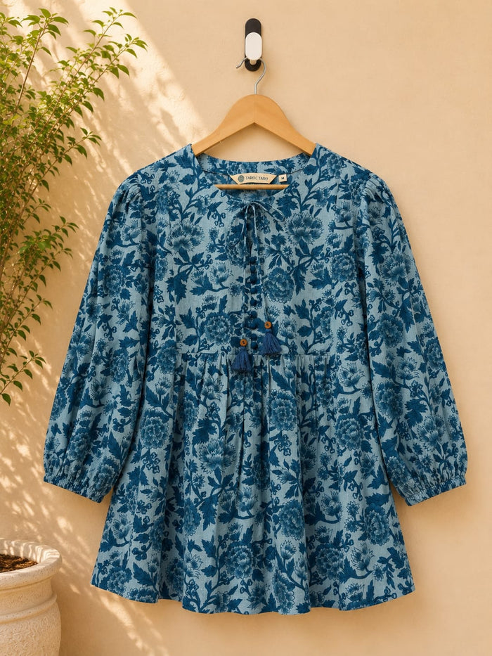 Steel Blue Floral Block Print Peplum Top - Tara-C-Tara