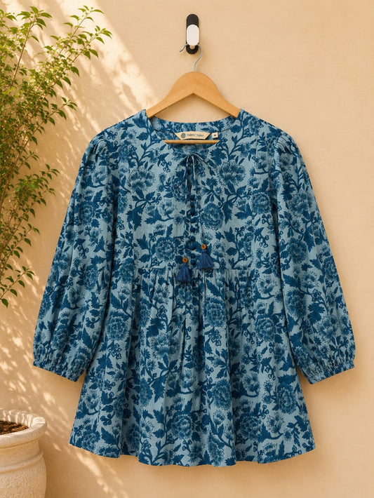 Steel Blue Floral Block Print Peplum Top - Tara-C-Tara