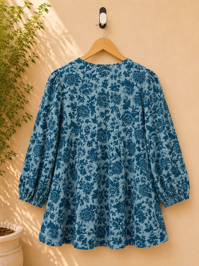 Steel Blue Floral Block Print Peplum Top - Tara-C-Tara