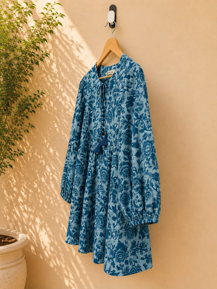 Steel Blue Floral Block Print Peplum Top - Tara-C-Tara