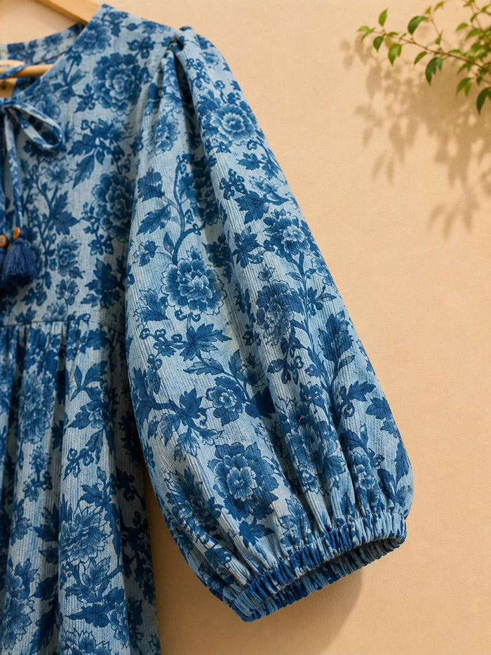 Steel Blue Floral Block Print Peplum Top - Tara-C-Tara