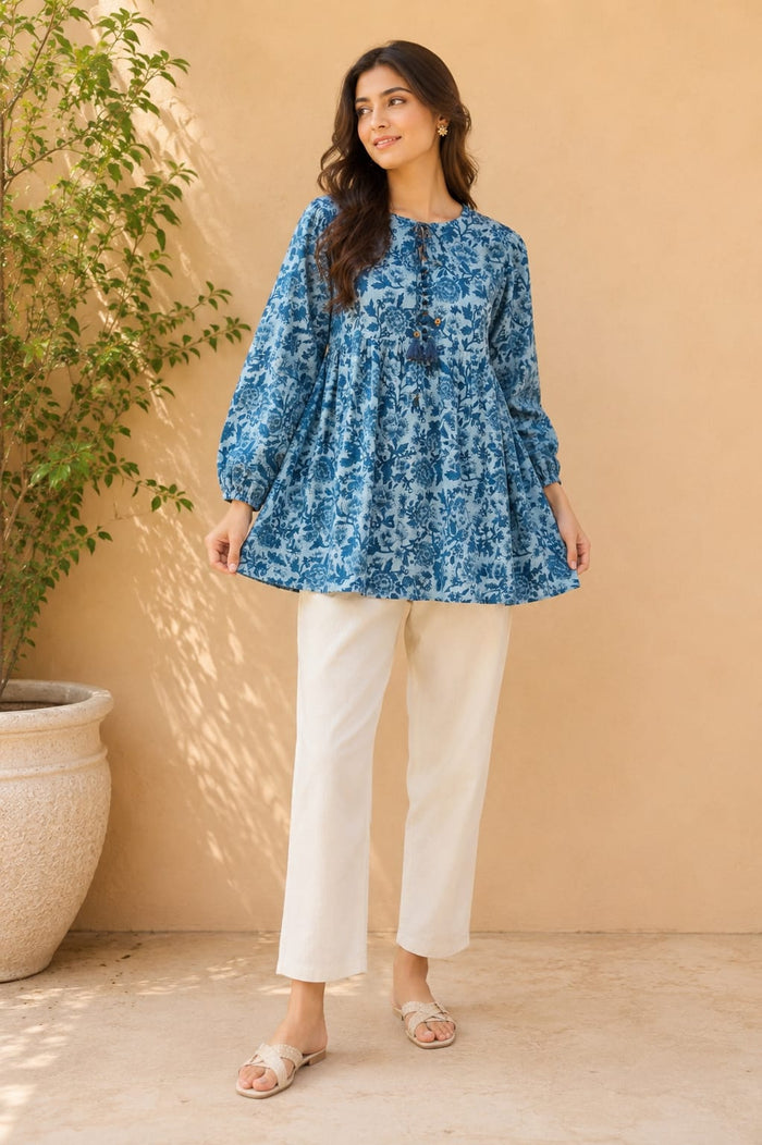 Steel Blue Floral Block Print Peplum Top - Tara-C-Tara