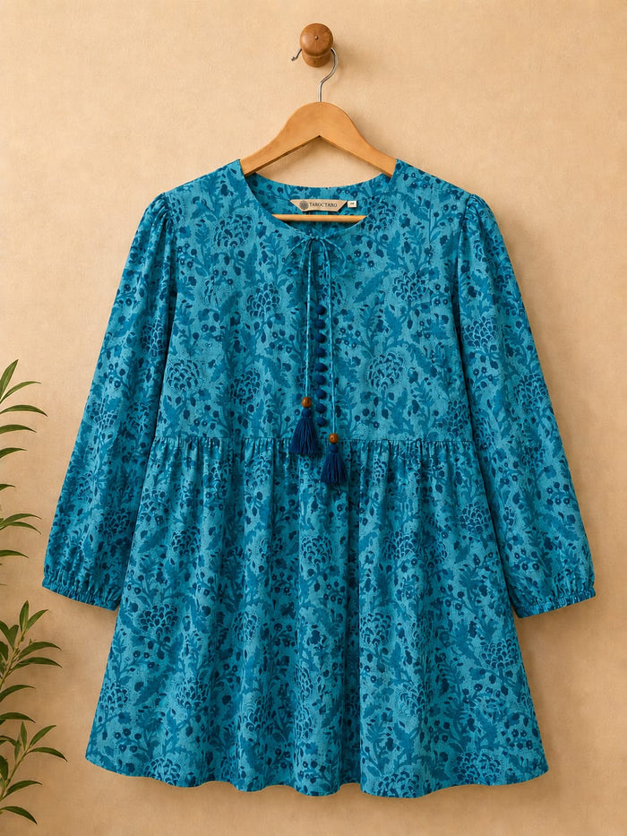 Teal Floral Hand Block Print Peplum Top - Tara-C-Tara