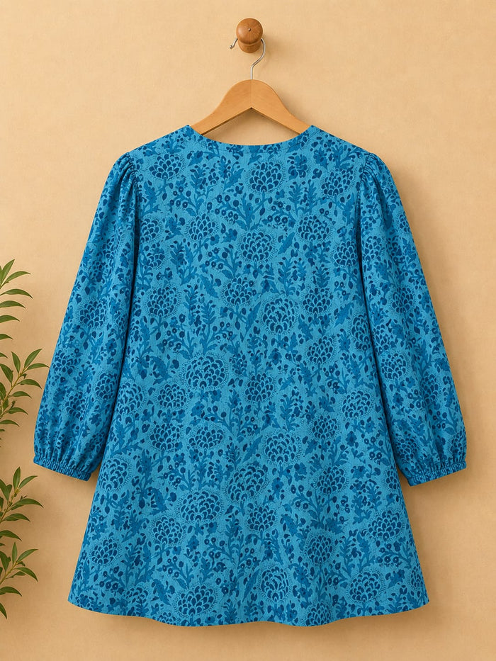 Teal Floral Hand Block Print Peplum Top - Tara-C-Tara