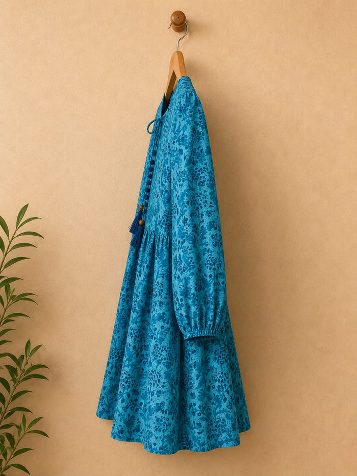 Teal Floral Hand Block Print Peplum Top - Tara-C-Tara