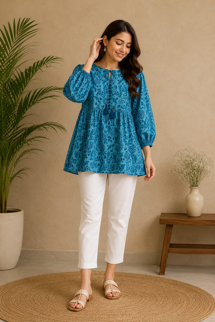 Teal Floral Hand Block Print Peplum Top - Tara-C-Tara