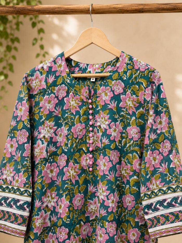 Teal Garden Floral Hand Block Print Cotton Kurta - Tara-C-Tara