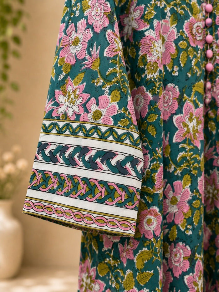 Teal Garden Floral Hand Block Print Cotton Kurta - Tara-C-Tara