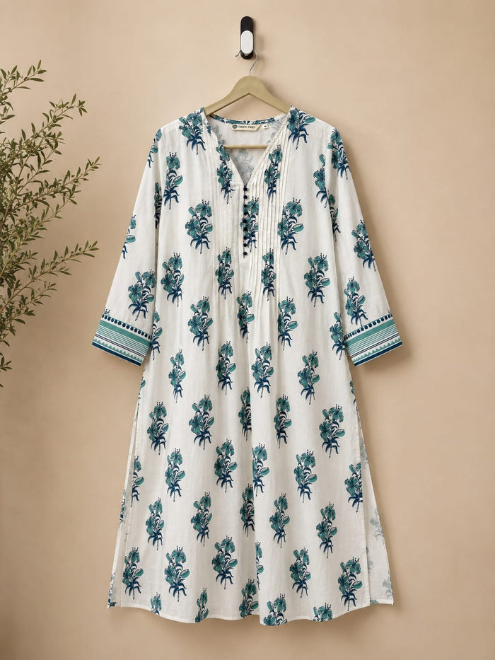Teal Lily Print Pintuck Cotton Kurta - Tara-C-Tara