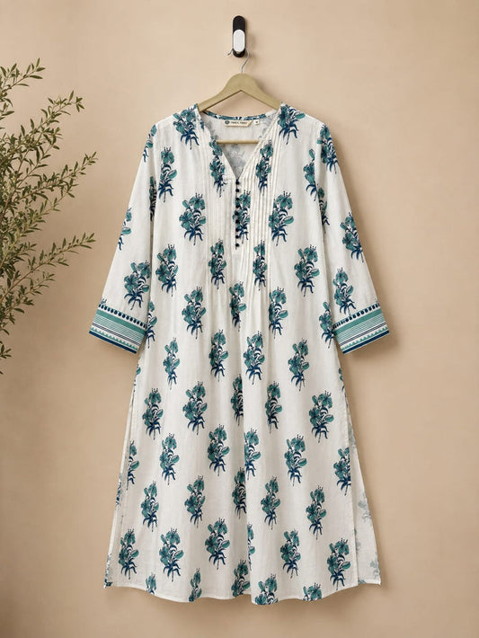 Teal Lily Print Pintuck Cotton Kurta - Tara-C-Tara