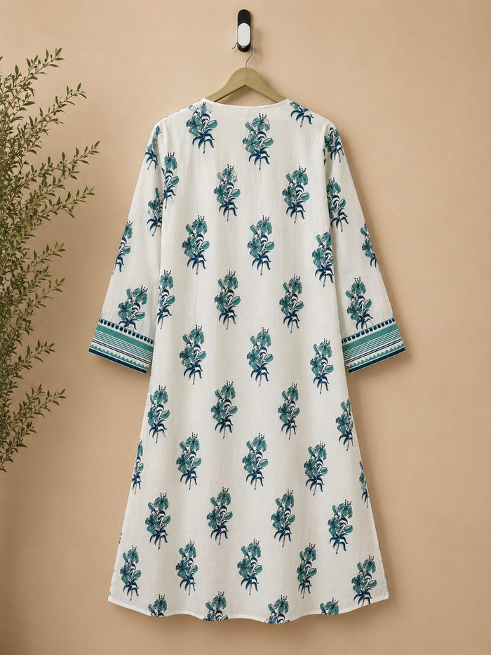 Teal Lily Print Pintuck Cotton Kurta - Tara-C-Tara