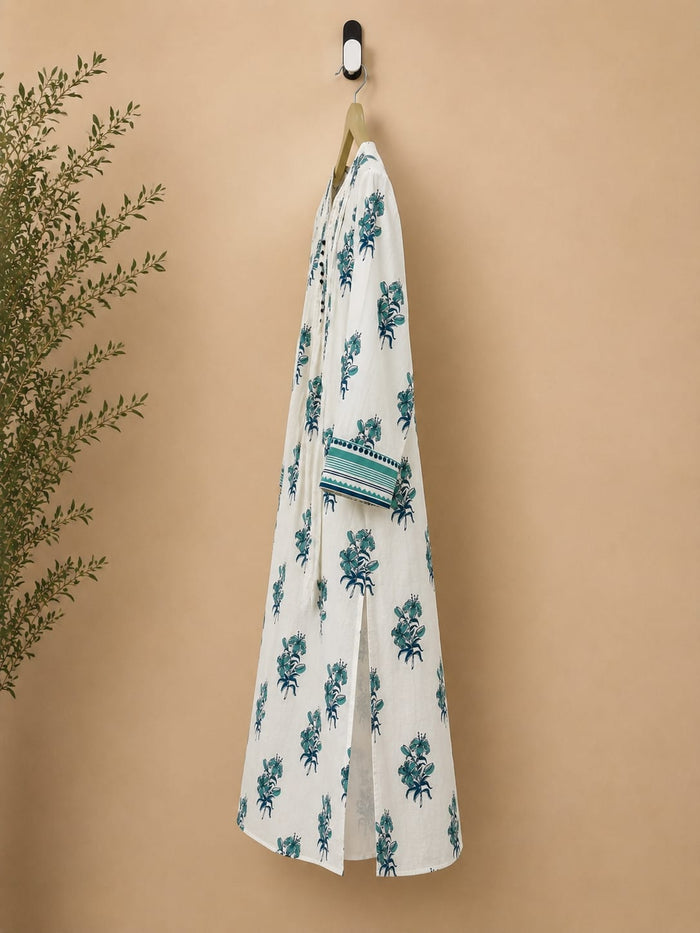 Teal Lily Print Pintuck Cotton Kurta - Tara-C-Tara