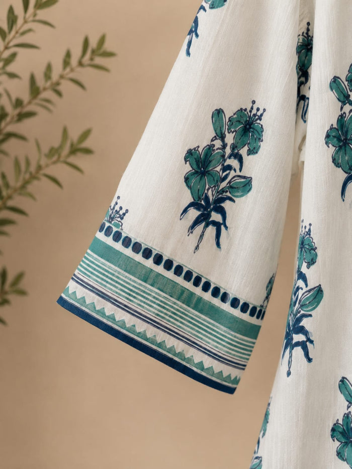 Teal Lily Print Pintuck Cotton Kurta - Tara-C-Tara