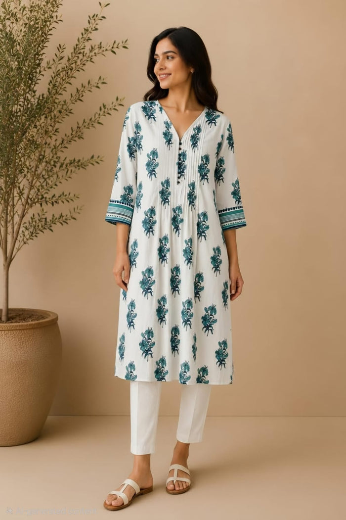 Teal Lily Print Pintuck Cotton Kurta - Tara-C-Tara
