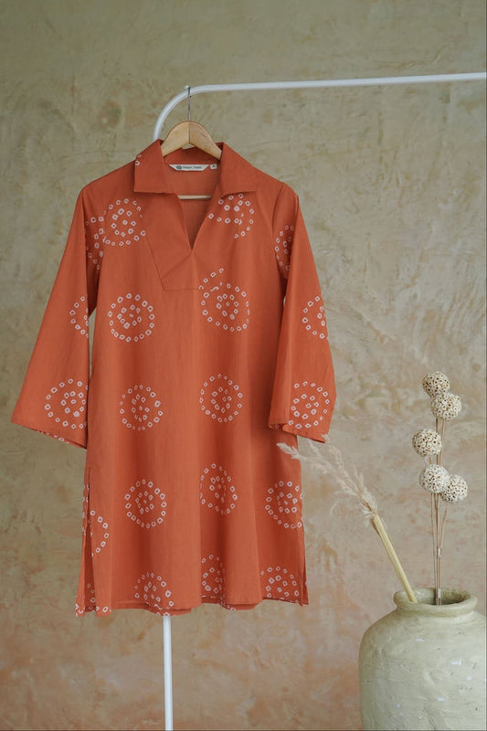 Terracotta Bandhej Hand Block Printed Short Kurta - Tara-C-Tara
