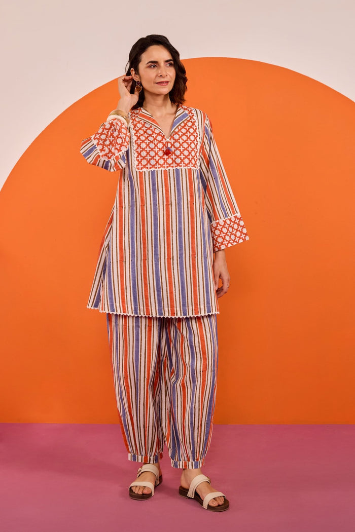 Terracotta & Indigo Stripe Hand Block Printed Co-ord Set - Tara-C-Tara