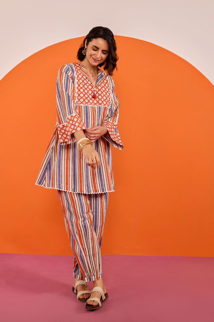 Terracotta & Indigo Stripe Hand Block Printed Co-ord Set - Tara-C-Tara