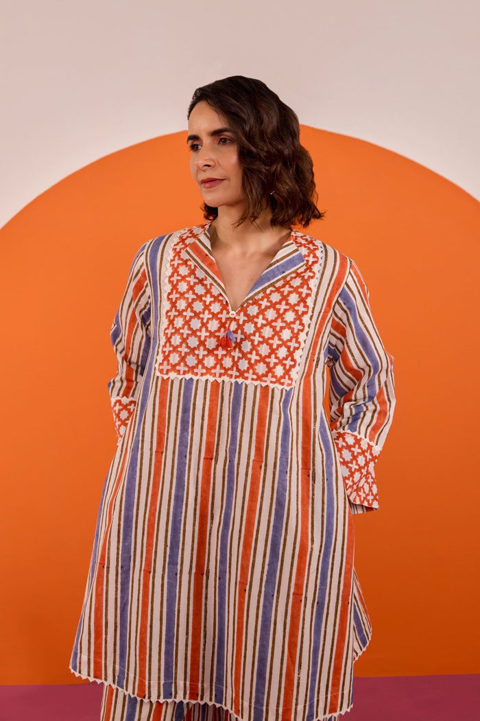 Terracotta & Indigo Stripe Hand Block Printed Co-ord Set - Tara-C-Tara