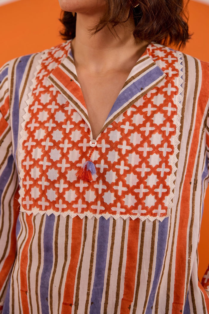 Terracotta & Indigo Stripe Hand Block Printed Co-ord Set - Tara-C-Tara