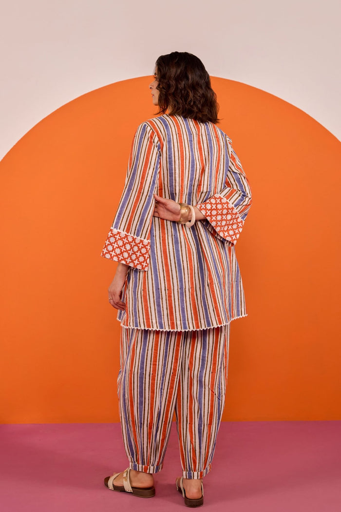Terracotta & Indigo Stripe Hand Block Printed Co-ord Set - Tara-C-Tara