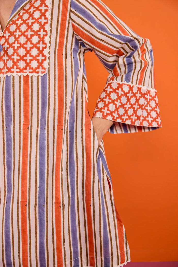 Terracotta & Indigo Stripe Hand Block Printed Co-ord Set - Tara-C-Tara