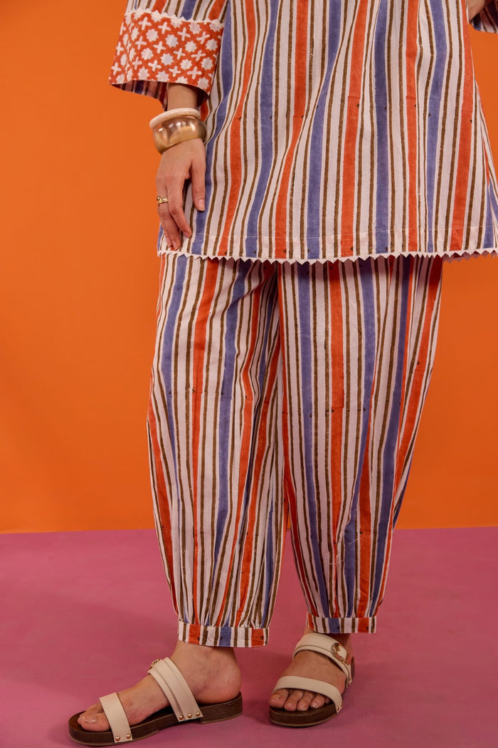 Terracotta & Indigo Stripe Hand Block Printed Co-ord Set - Tara-C-Tara