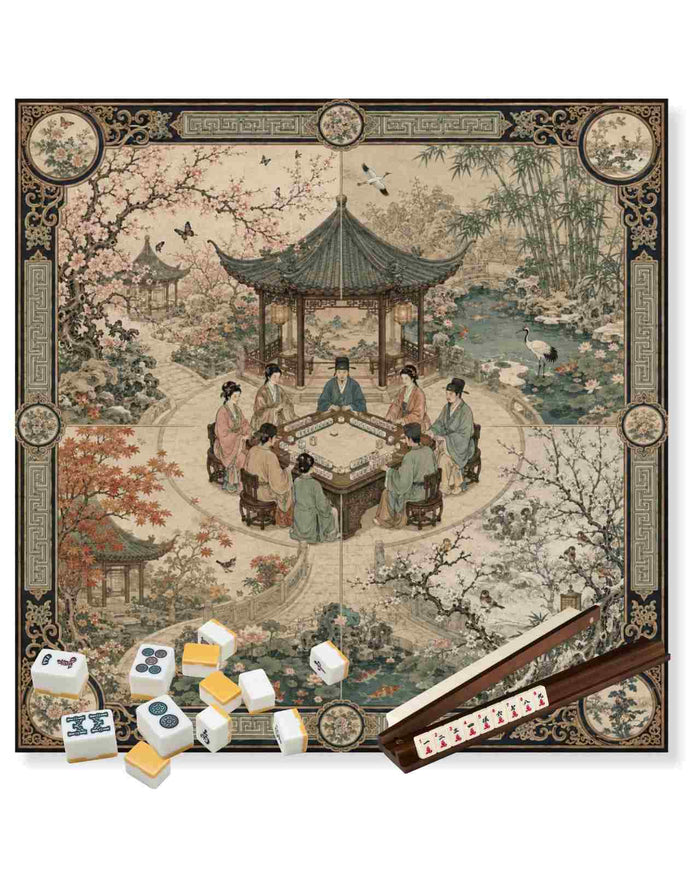 Mahjong playing mat with scenic pagoda artwork and ornate border, sized for four seasons tiles