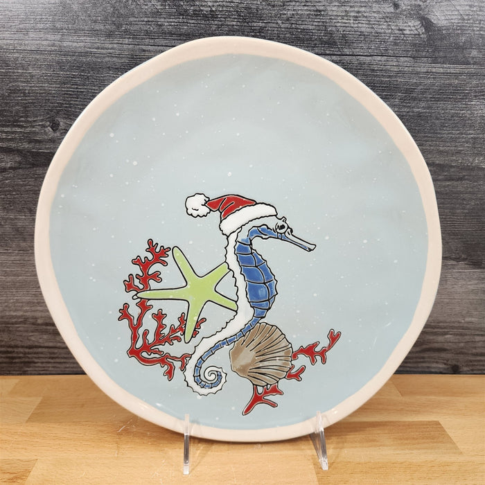 Tide of Festive Delights Dinner Plate Seahorse Embossed Ceramic 11" Blue Sky
