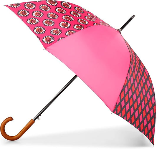Totes Auto Open Umbrella Wooden Handle, Upcycled Patchwork - 9721 (U47)