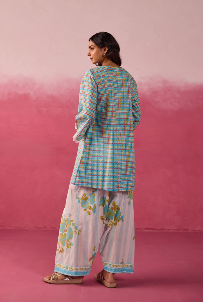 Turquoise Checks & Floral Printed Farsi Salwar Co - ord Set - Tara - C - Tara