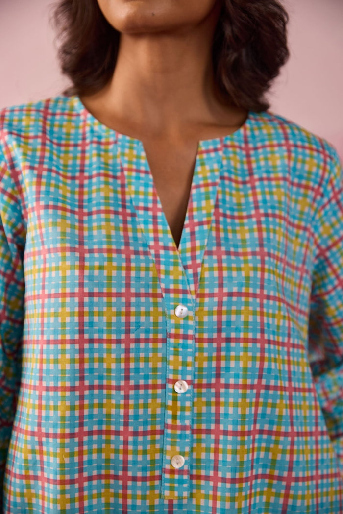 Turquoise Checks & Floral Printed Farsi Salwar Co - ord Set - Tara - C - Tara