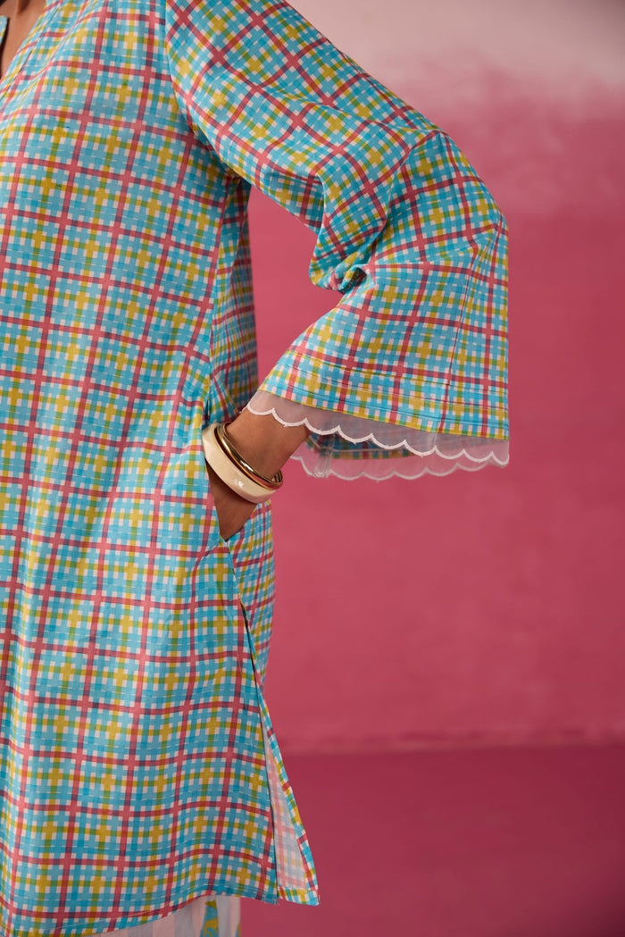 Turquoise Checks & Floral Printed Farsi Salwar Co - ord Set - Tara - C - Tara