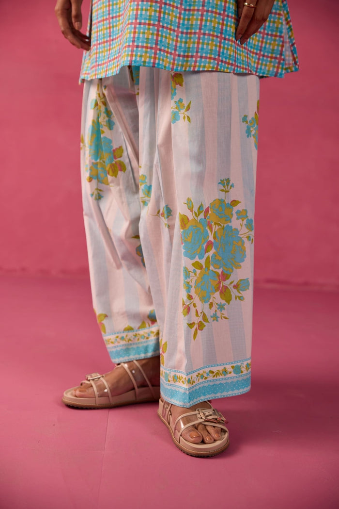 Turquoise Checks & Floral Printed Farsi Salwar Co - ord Set - Tara - C - Tara