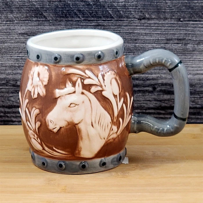 Western Horse Coffee Mug 3D Ceramic Horseshoe Tea Cup Blue Sky Embossed