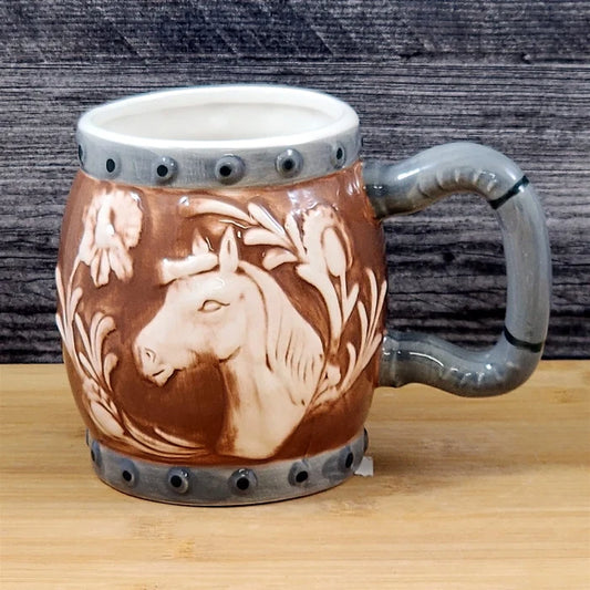 Western Horse Coffee Mug 3D Ceramic Horseshoe Tea Cup Blue Sky Embossed