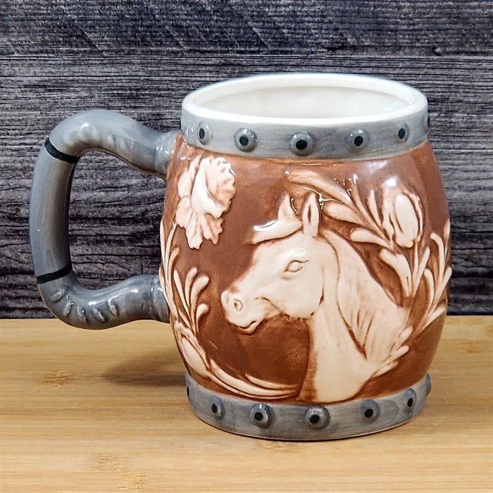 Western Horse Coffee Mug 3D Ceramic Horseshoe Tea Cup Blue Sky Embossed