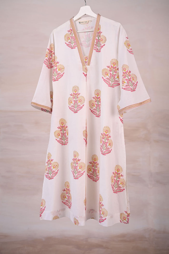 White Block Print Cotton Kurta - Tara - C - Tara