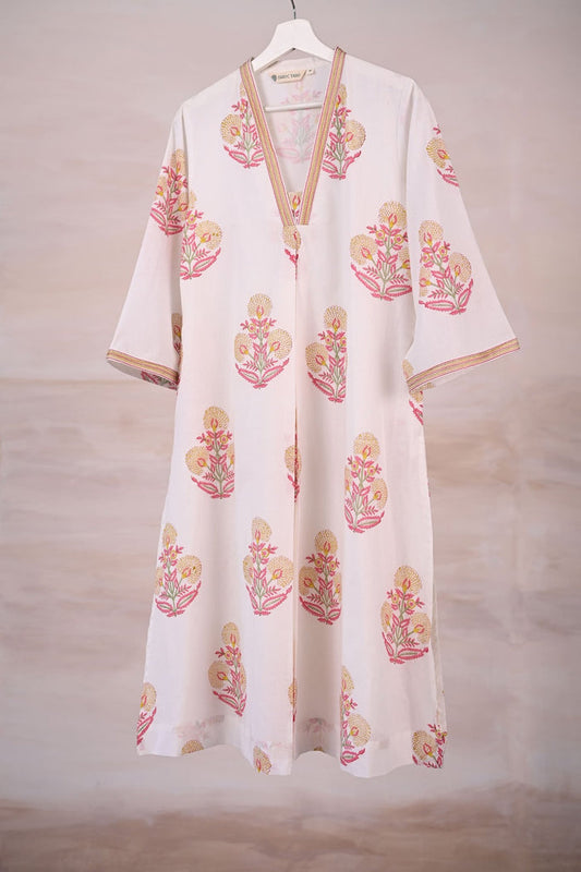 White Block Print Cotton Kurta - Tara - C - Tara