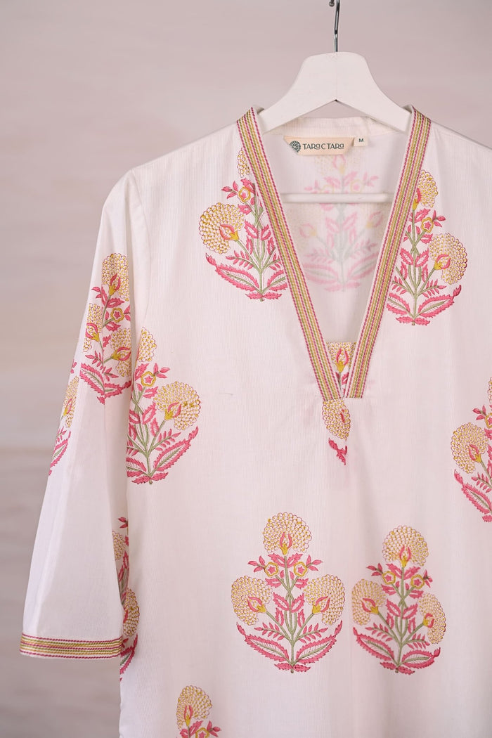 White Block Print Cotton Kurta - Tara - C - Tara