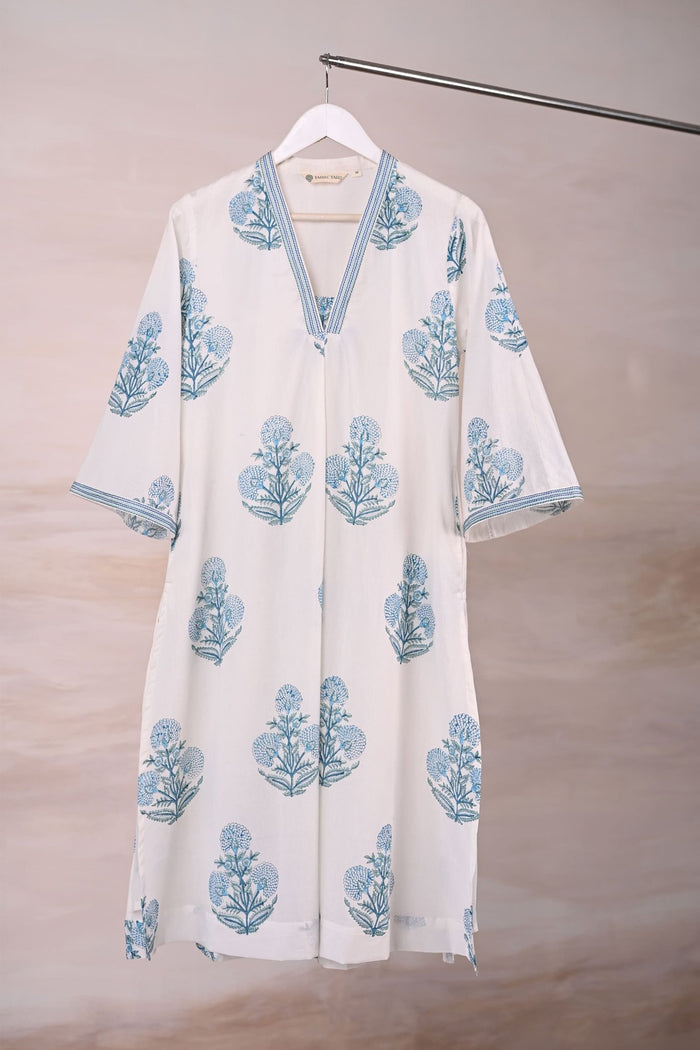 White Block Print Cotton Kurta - Tara - C - Tara