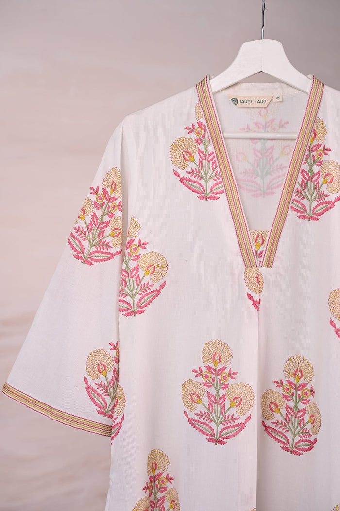 White Block Print Cotton Kurta - Tara - C - Tara