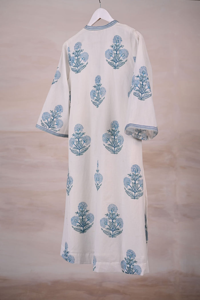 White Block Print Cotton Kurta - Tara - C - Tara