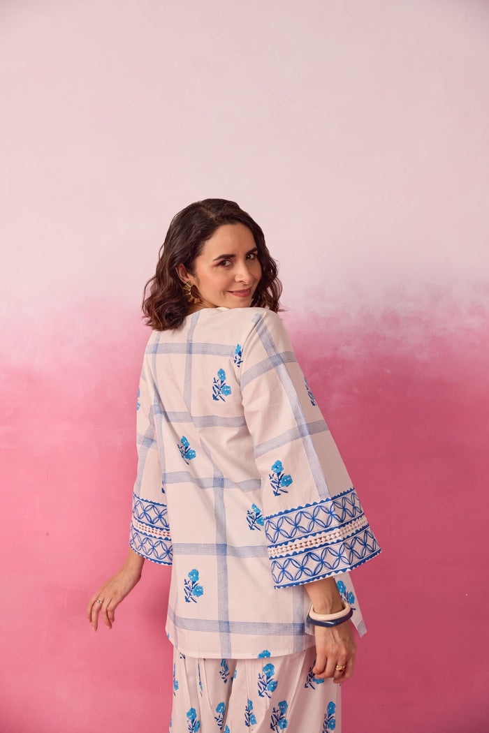 White & Blue Check Floral Hand Block Printed Co-ord Set - Tara-C-Tara